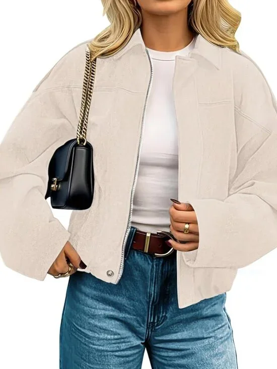 Women's Faux Suede Jackets Fall Winter Clothes Open Front Cropped Jacket Beige - Picture 1 of 4